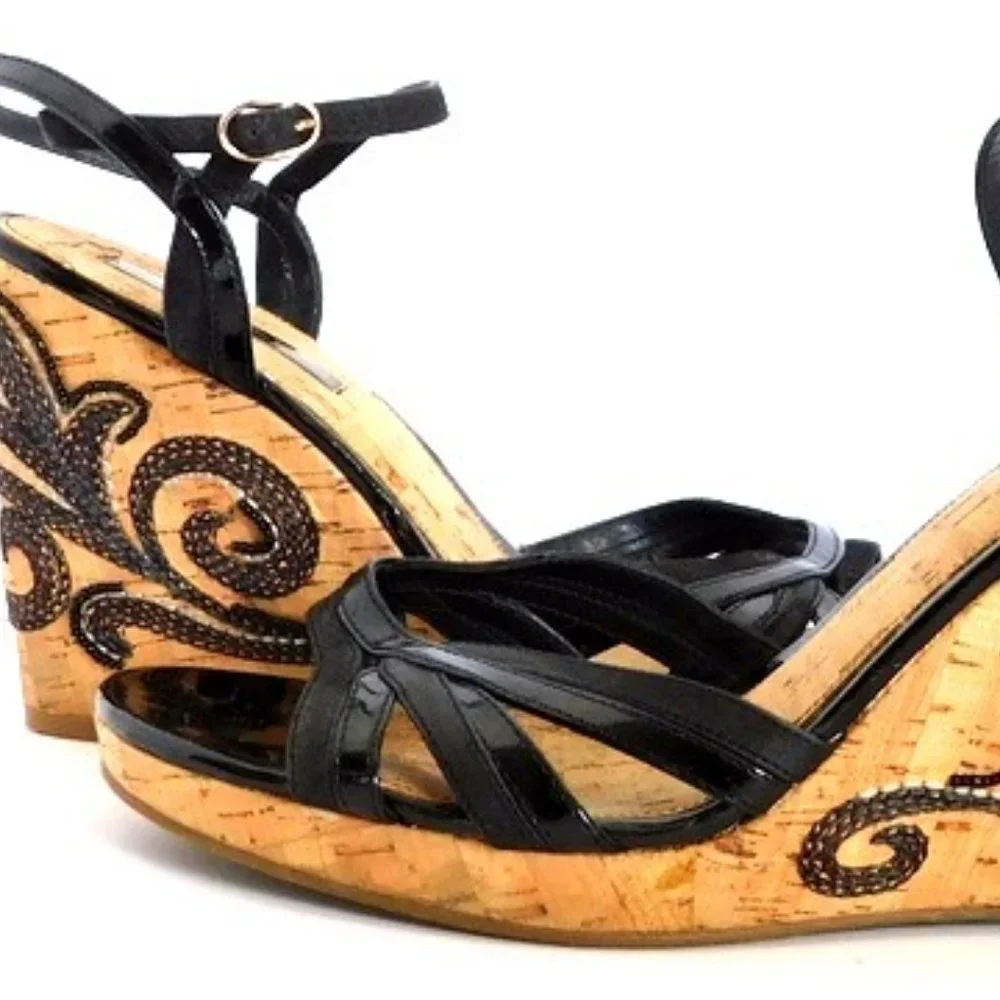 Bandolino Black Leather Embroidered Cork Wedges